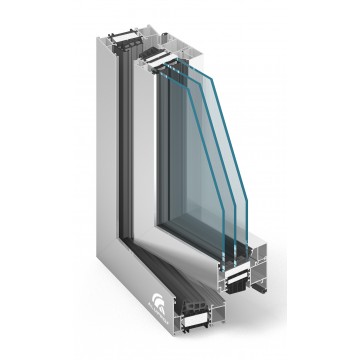 Řez okenním profilem MB 86 s termovložkou z aerogelu a trojsklem