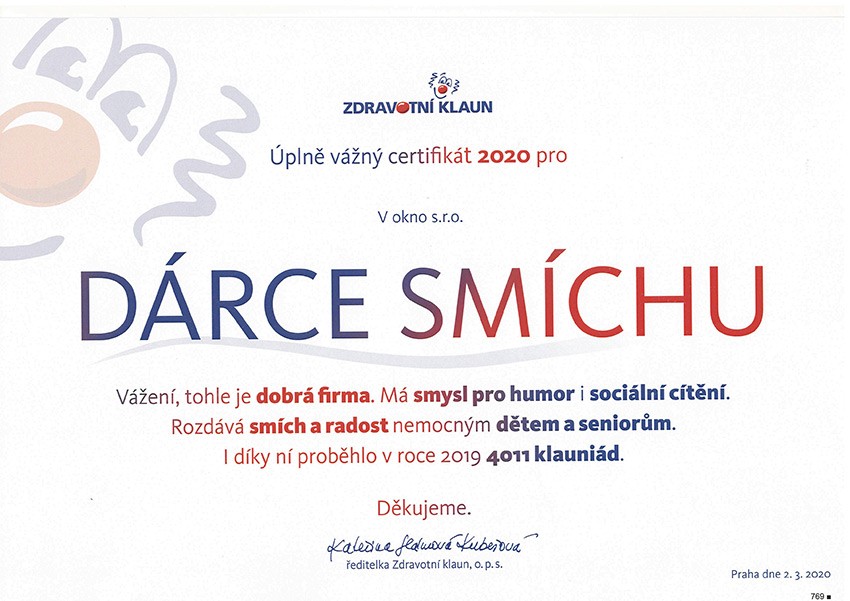 Novinka & akce-Certifikát DÁRCE SMÍCHU pro V okno