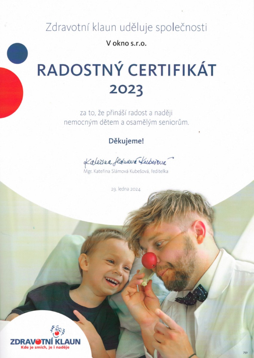 Novinka & akce-Radostný certifikát - pomáháme dětem a seniorům.